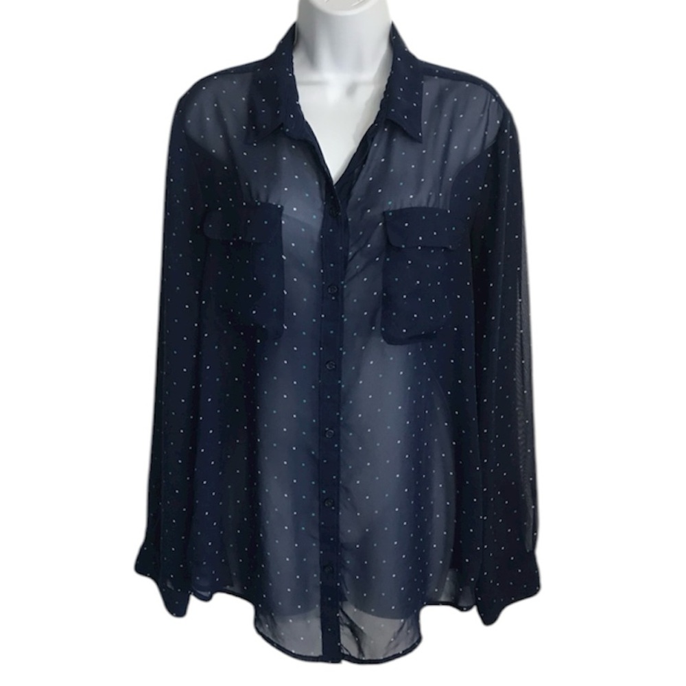 Old Navy Navy Sheer Button-Down Blouse with White Polka Dots